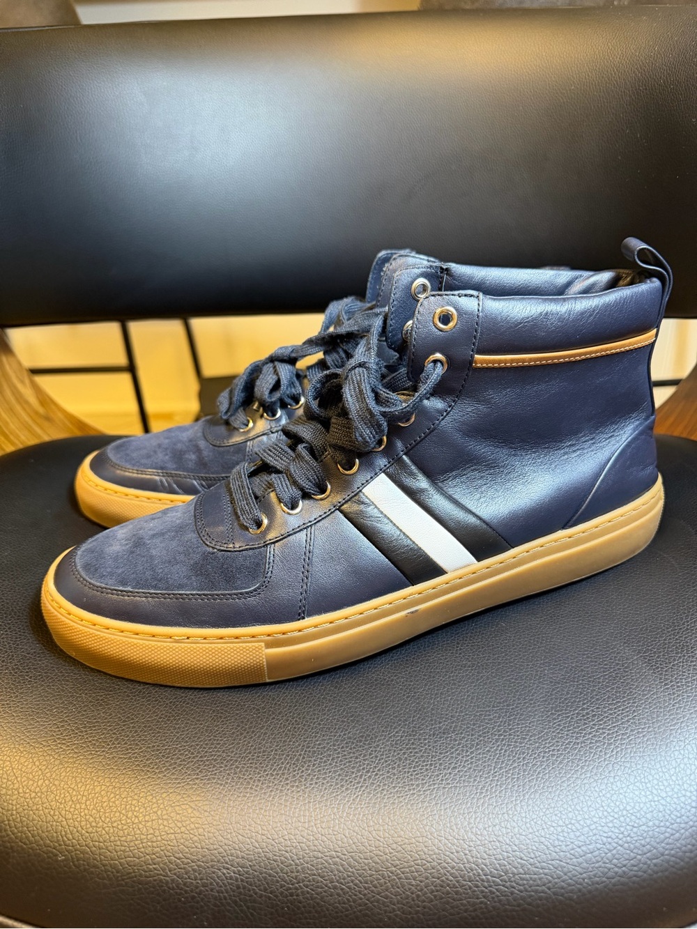 Bally "Hewie" High-Top Leather and Suede Sneakers in Navy Blue